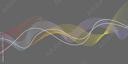 Dynamic wavy vector pattern background. Distorted thin lines with slight gradient and a dark background.   Dynamic flowing wave lines design element. Futuristic technology and sound wave pattern. 