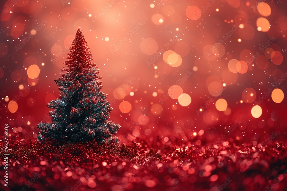 Christmas background with xmas tree and sparkle bokeh lights on red canvas background Merry christmas card Winter holiday theme Happy New Year Space for text Christmas background with xmas tree and sparkle bokeh lights on red canvas background Merry christmas card Winter holiday theme Happy New Year Space for text