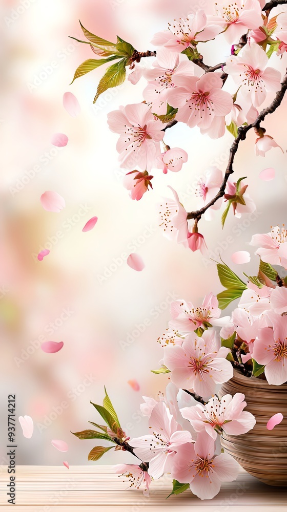 Obraz premium Delicate cherry blossoms in a serene setting, showcasing vibrant pink petals and a calming atmosphere of nature's beauty.