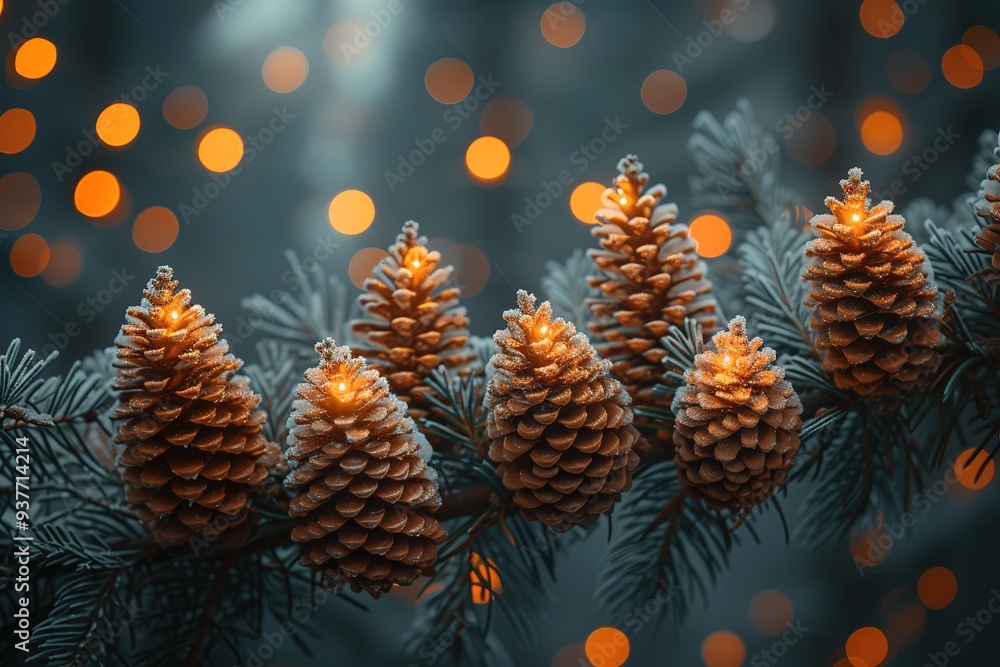 Christmas Decoration Banner - Snowy Pine Cones On Fir Branch With Lights Christmas Decoration Banner - Snowy Pine Cones On Fir Branch With Lights