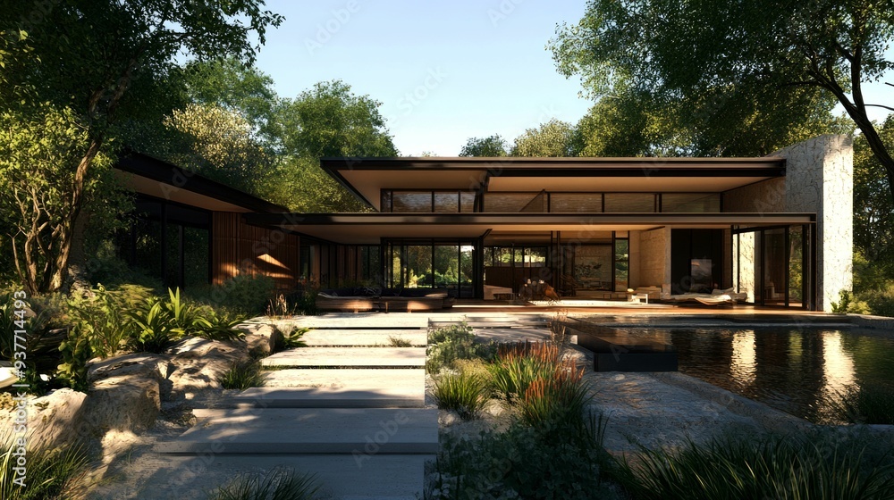 Modern House with a Pool and Lush Greenery Modern House with a Pool and Lush Greenery