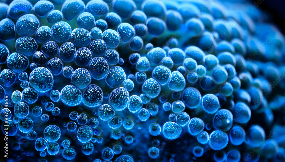 Close-up view of vibrant blue spherical coral formations thriving in a deep-sea environment during nighttime Close-up view of vibrant blue spherical coral formations thriving in a deep-sea environment during nighttime