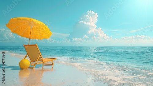 Relaxing Beach Scene with Yellow Umbrella photo