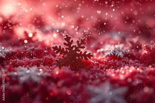 Christmas illustration with various small snowflakes on gradient background in red colors