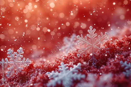 Christmas illustration with various small snowflakes on gradient background in red colors