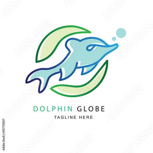 Globe and dolphin together concept art logo vector illustration for cloud based internet service, storage service and others. White isolated background.