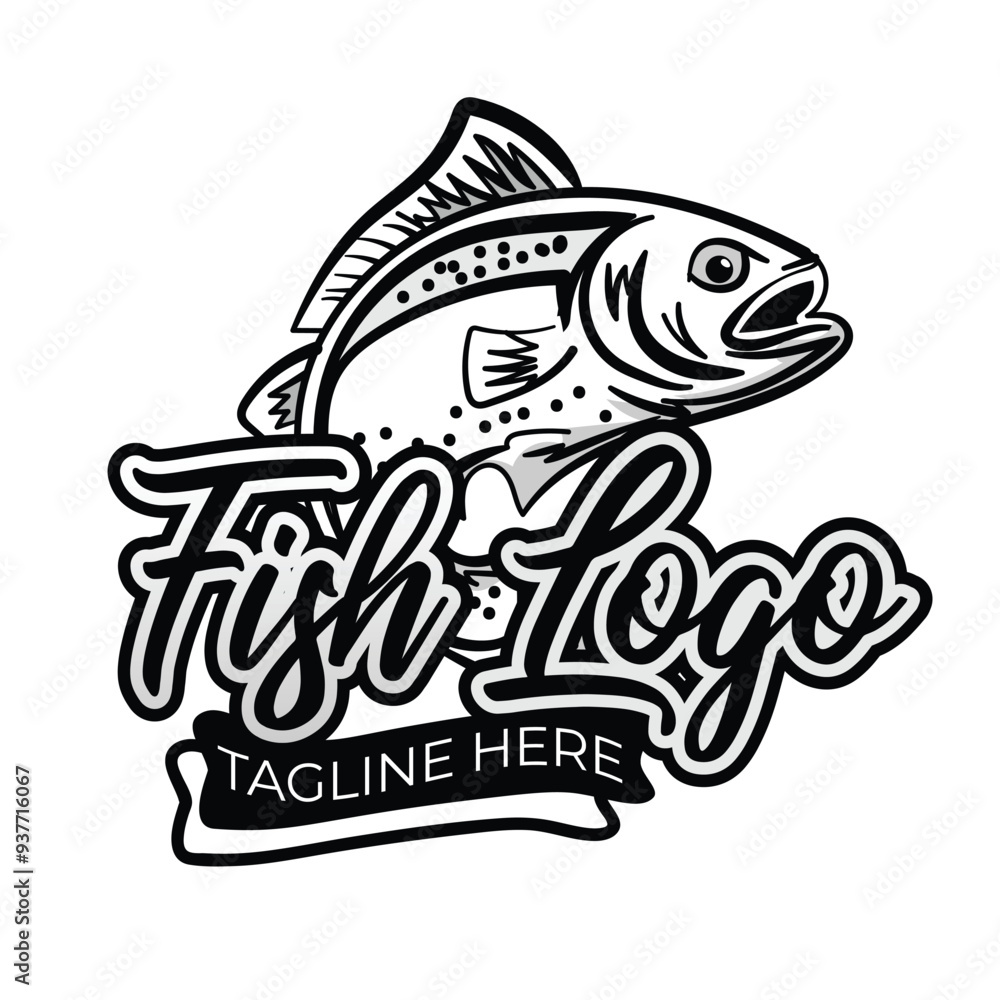 Obraz premium Black and White Fish or fishing concept logo vector illustration with dummy text on white background.