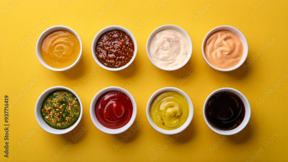 Different sauces on yellow background, top view Different sauces on yellow background, top view