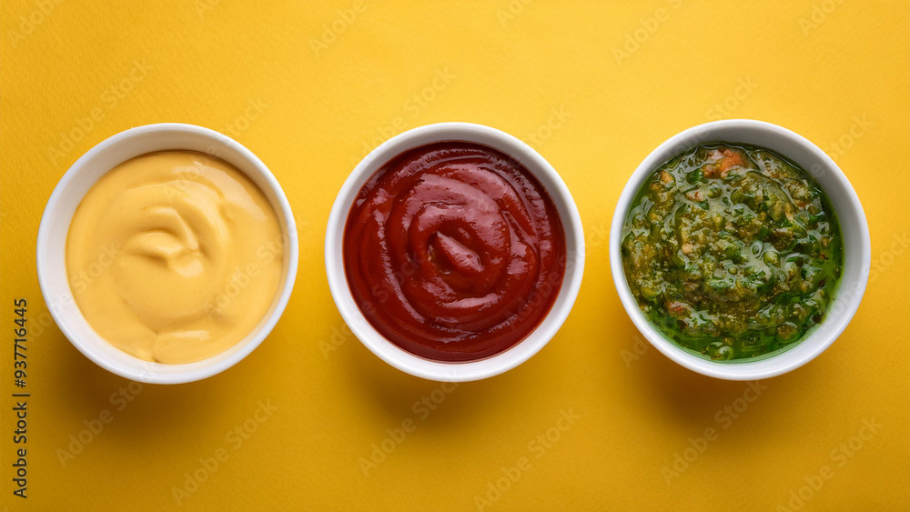 Different sauces on yellow background, top view