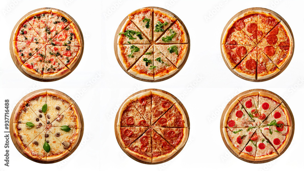 Set of six pizzas isolated on white background, top view Set of six pizzas isolated on white background, top view