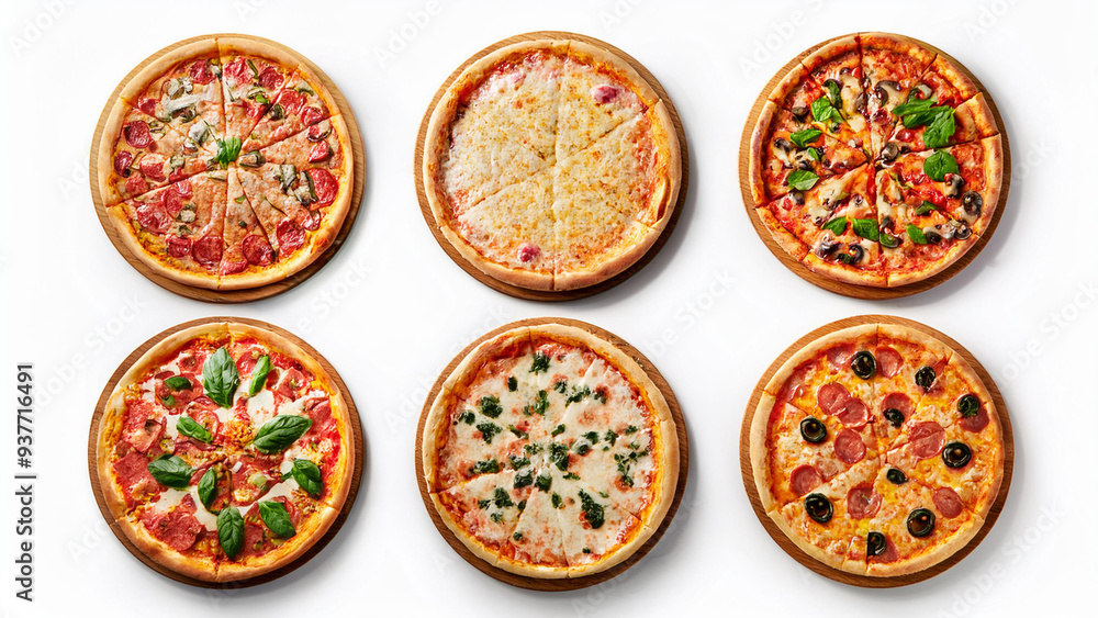 Set of six pizzas isolated on white background, top view Set of six pizzas isolated on white background, top view
