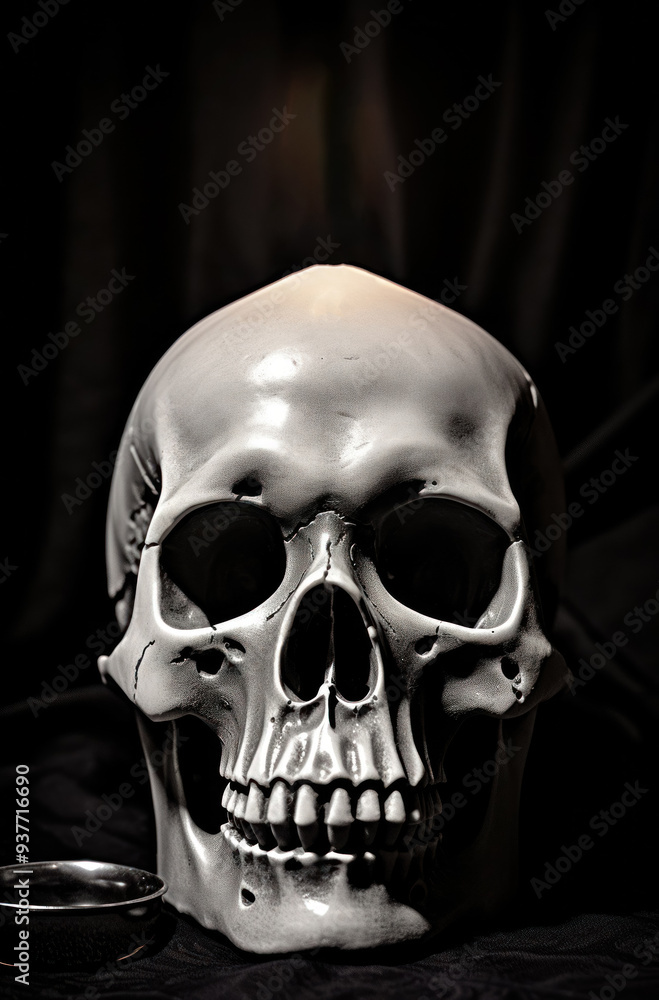 Fototapeta premium The stylish skull on a black background creates a mysterious and dark atmosphere, ideal for art projects