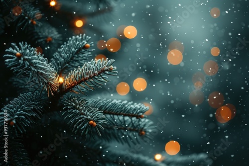 Christmas tree branches with a garland against falling snow