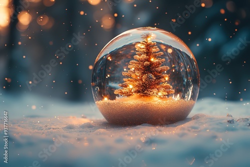 Christmas tree in glass ball on snow Glitter lights