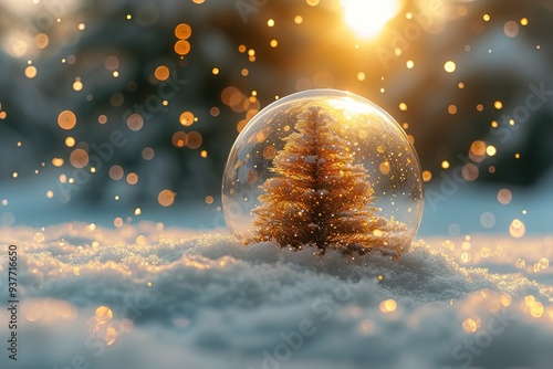 Christmas tree in glass ball on snow Glitter lights