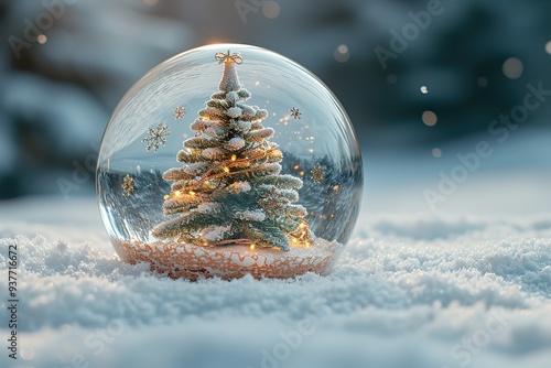 Christmas tree in glass ball on snow Glitter lights