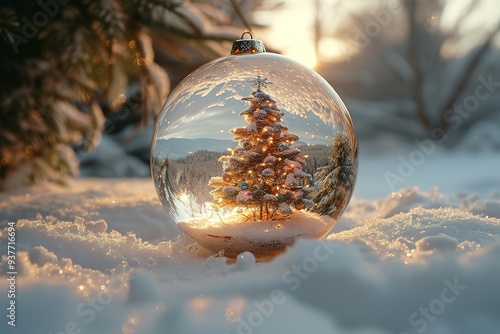 Christmas tree in glass ball on snow Glitter lights