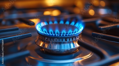 Close-Up of Gas Stove Burner with Vibrant Blue Flame