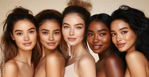 A portrait of five diverse models with beautiful, healthy skin showcasing different ethnicities and hair textures.