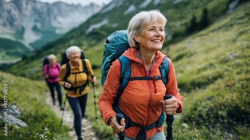 A woman is smiling and walking with two other women on a mountain trail