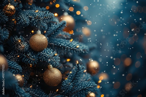 Christmas Tree With Golden Baubles And Shiny Lights In Blue Background