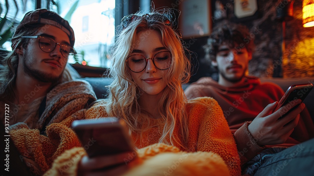 Fototapeta premium A group of friends gathered in a living room, holding their phones horizontally and sharing memes with no headphones.