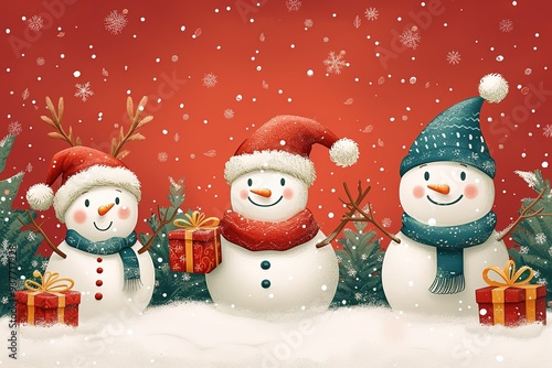 Christmas vector characters like santa claus, reindeer and snowman holding gift with merry christmas greeting and tree in a red background Vector illustration