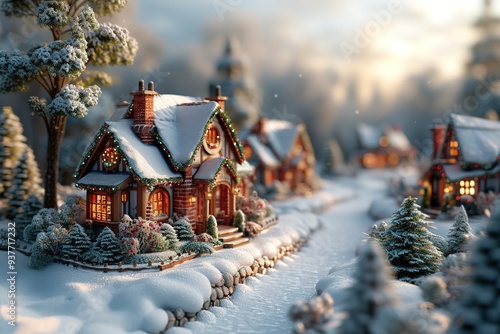 Christmas village with Snow in vintage style Winter Village Landscape Christmas Holidays Christmas Card 3d illustration