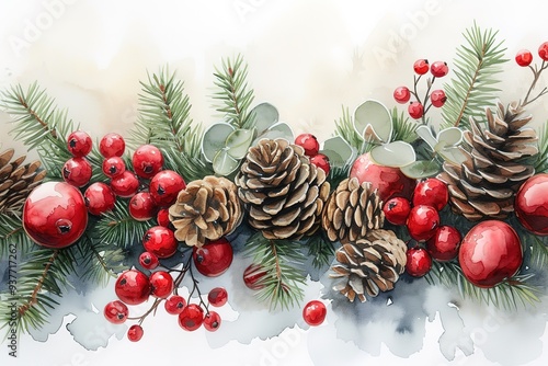 Christmas watercolor horizontal arranging with holly berries, spruce and pine cones