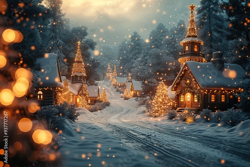 Christmas village with Snow in vintage style Winter Village Landscape Christmas Holidays Christmas Card 3d illustration