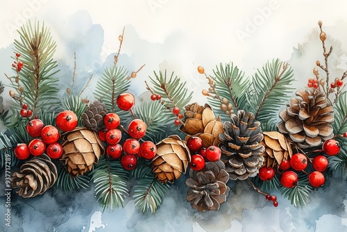 Christmas watercolor horizontal arranging with holly berries, spruce and pine cones
