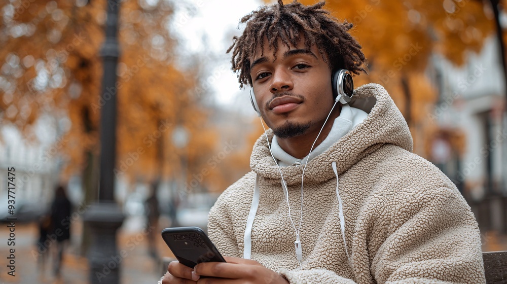 A young man sitting on a park bench, holding his phone horizontally with earphones in, watching sports highlights. A young man sitting on a park bench, holding his phone horizontally with earphones in, watching sports highlights.