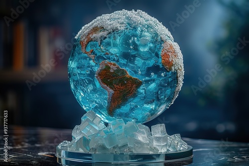 Climate Change Awareness: A melting ice sculpture with a globe inside, symbolizing global warming