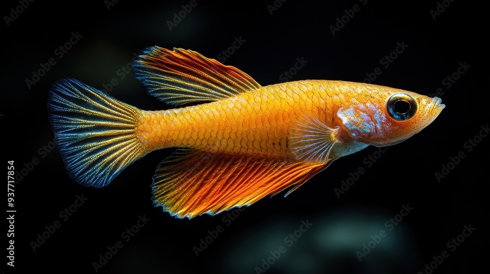Fototapeta premium Real Photograph of Yellow Guppy Fish Swimming in Aquarium on Black Background - High-Resolution, Detailed