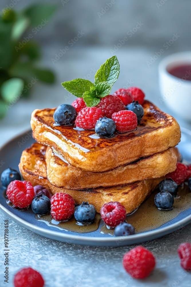 Delectable French Toast Stacked with Fresh Berries and Mint Garnish Delectable French Toast Stacked with Fresh Berries and Mint Garnish