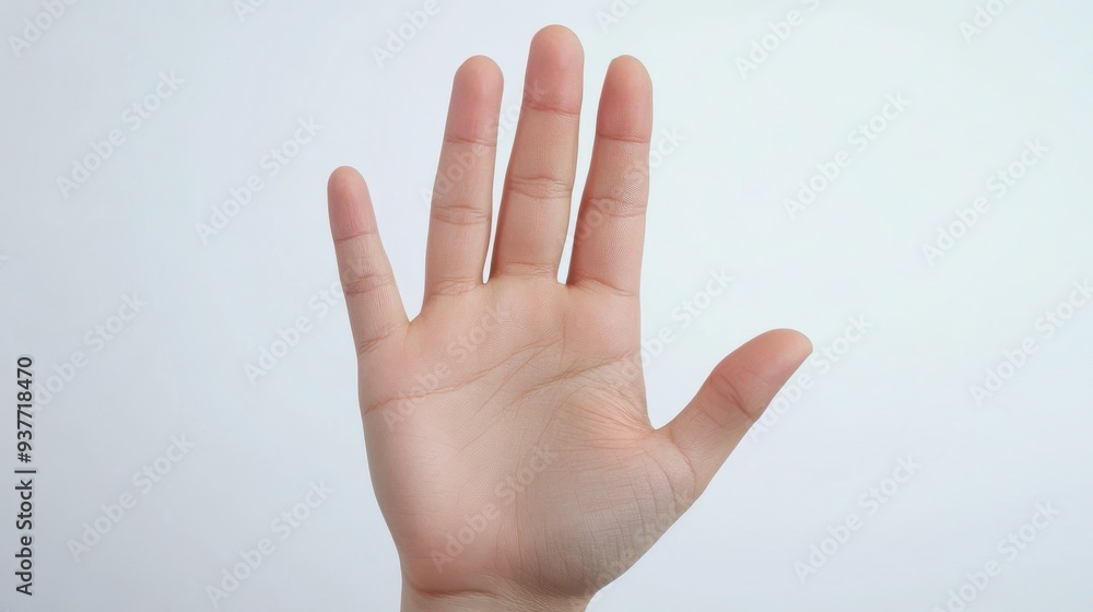 Detailed close-up shot of woman's hand displaying open palm with white background. Detailed close-up shot of woman's hand displaying open palm with white background.