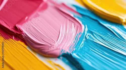 Colorful, thick brushstrokes in pink, blue, and yellow blend artfully on canvas, capturing creative energy and artistic expression