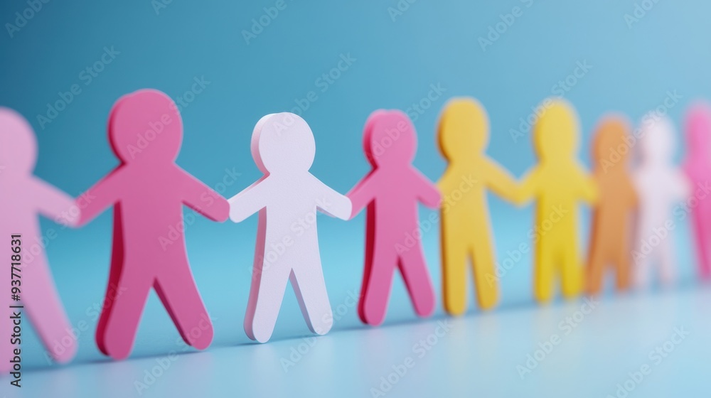 A group of colorful paper cutout figures holds hands in a cheerful display against a bright blue backdrop A group of colorful paper cutout figures holds hands in a cheerful display against a bright blue backdrop