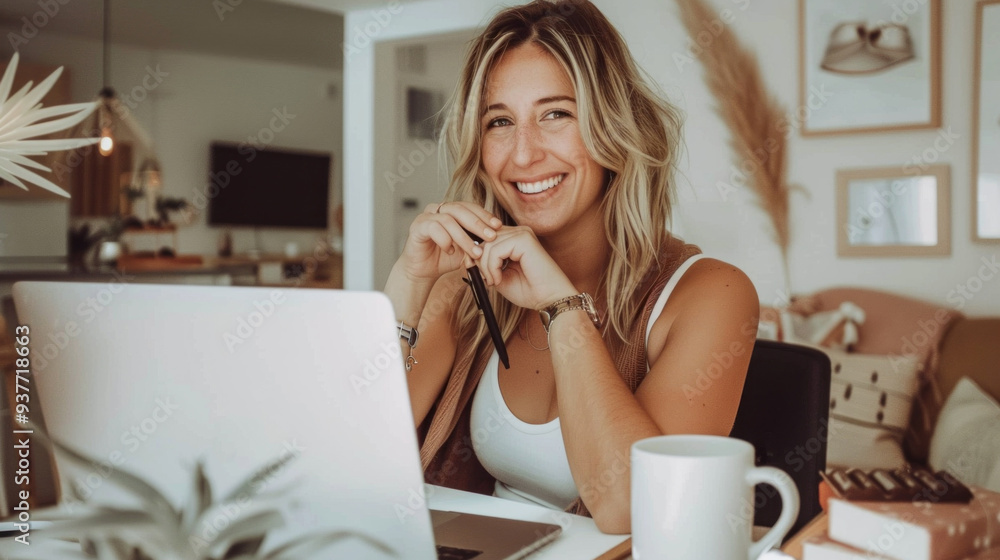 With a warm smile, the blonde woman engages in her work at a beautifully arranged home office, surrounded by greenery and natural light, creating a serene atmosphere With a warm smile, the blonde woman engages in her work at a beautifully arranged home office, surrounded by greenery and natural light, creating a serene atmosphere