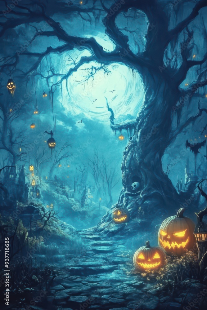 halloween pumpkins and trees in the dark forest halloween pumpkins and trees in the dark forest