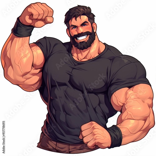 Muscular Man with Black T-Shirt and Beard Flexing Arm