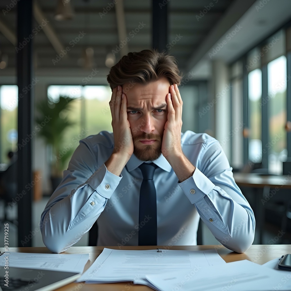 Stressed young businessman holding his hands on the head, Worried and anxious, thinking about problem or trouble at work, entrepreneur bankruptcy, bad news in office background Stressed young businessman holding his hands on the head, Worried and anxious, thinking about problem or trouble at work, entrepreneur bankruptcy, bad news in office background