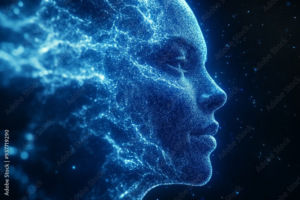 Profile of a digital face composed of particles representing the intersection of artificial intelligence and human identity in a futuristic digital landscape Profile of a digital face composed of particles representing the intersection of artificial intelligence and human identity in a futuristic digital landscape