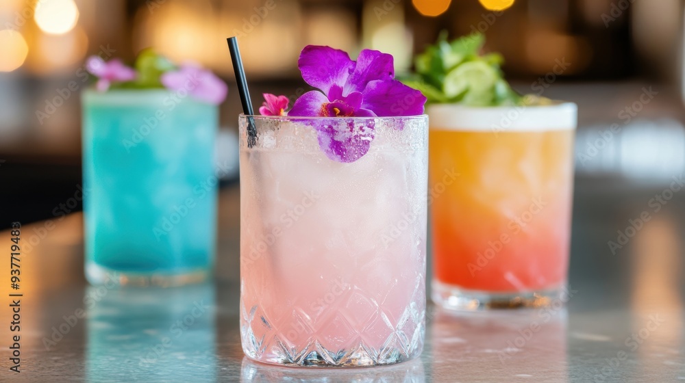Vibrant cocktails adorned with flowers sit on the bar, showcasing a delightful mix of colors and refreshing ingredients for evening enjoyment Vibrant cocktails adorned with flowers sit on the bar, showcasing a delightful mix of colors and refreshing ingredients for evening enjoyment