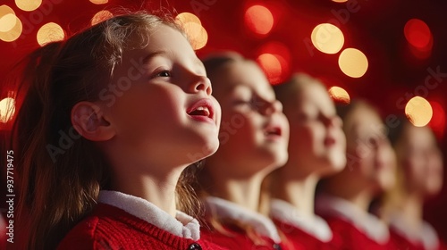 Joyful Christmas Choir Singing Festive Hymns against Vibrant Red Background