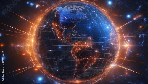 Blue digital globe with glowing lines, surrounded by shimmering particles, set against a dark background with soft blue and orange light bokeh