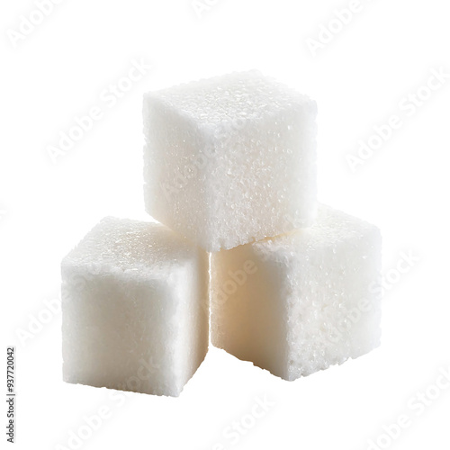 Isolated granulated white sugar cubes on transparent background.