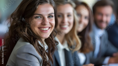 Happy group of businesspeople during a presentation.