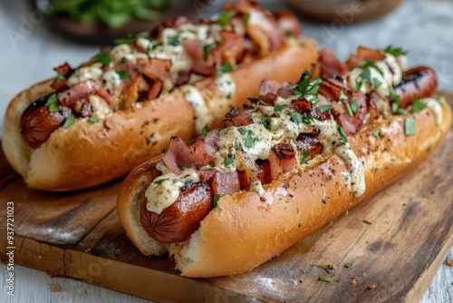 two hot dogs with bacon and cheese on a wooden board photo