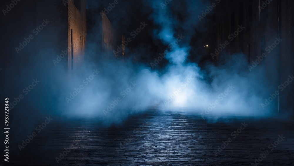 Blue light beam through thick smoke, creating dramatic reflections on a dark, wet surface Blue light beam through thick smoke, creating dramatic reflections on a dark, wet surface